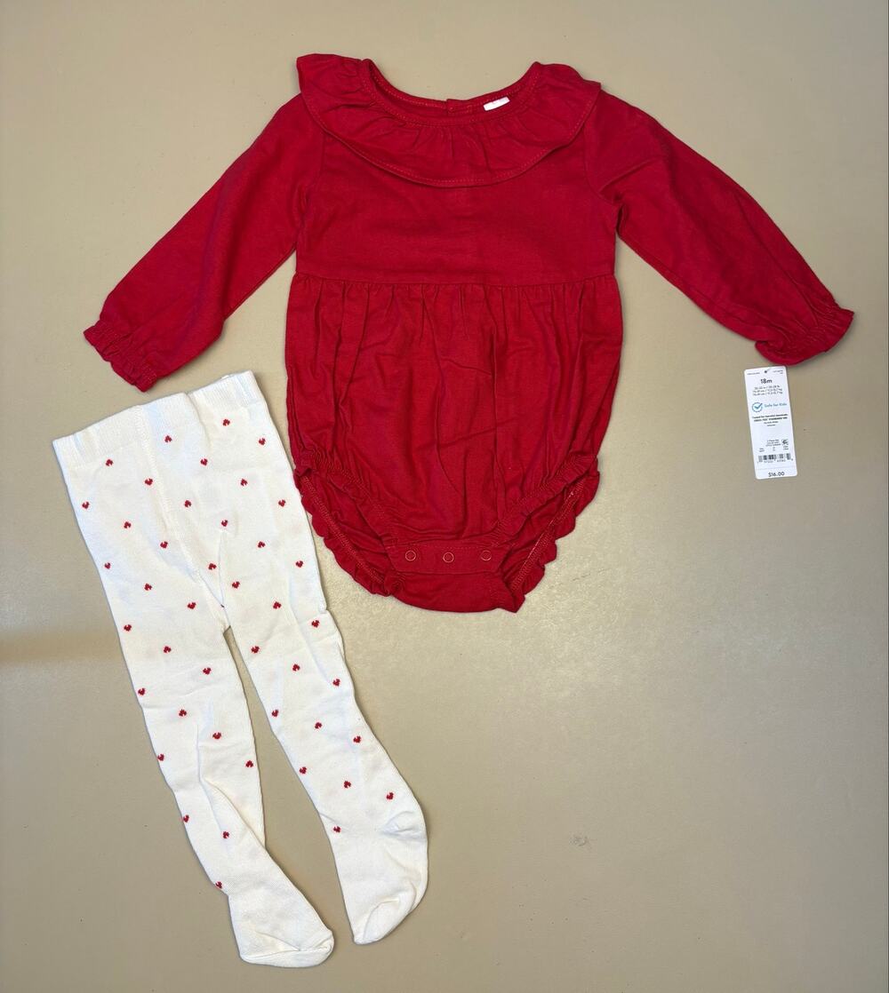 Baby Girl Carter’s Red Ruffle Bodysuit Tights Set 18M NWT Valentine Holiday